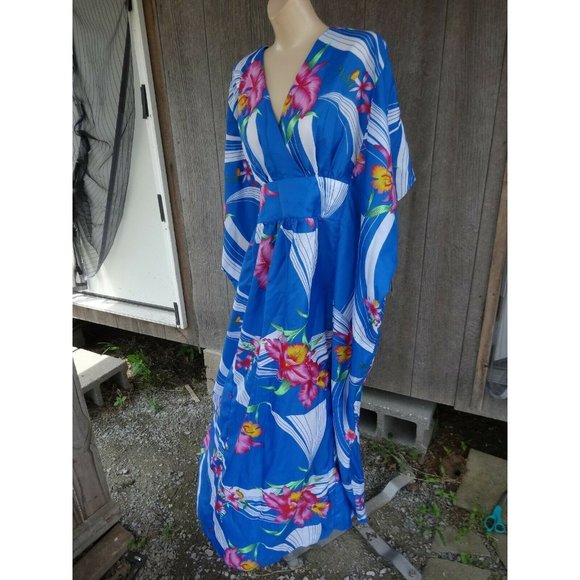 NOS Vtg Hawaiian OS Hattie Summer Bold Blue Pink Floral Dress Maxi Muu Muu +Size - Picture 4 of 11